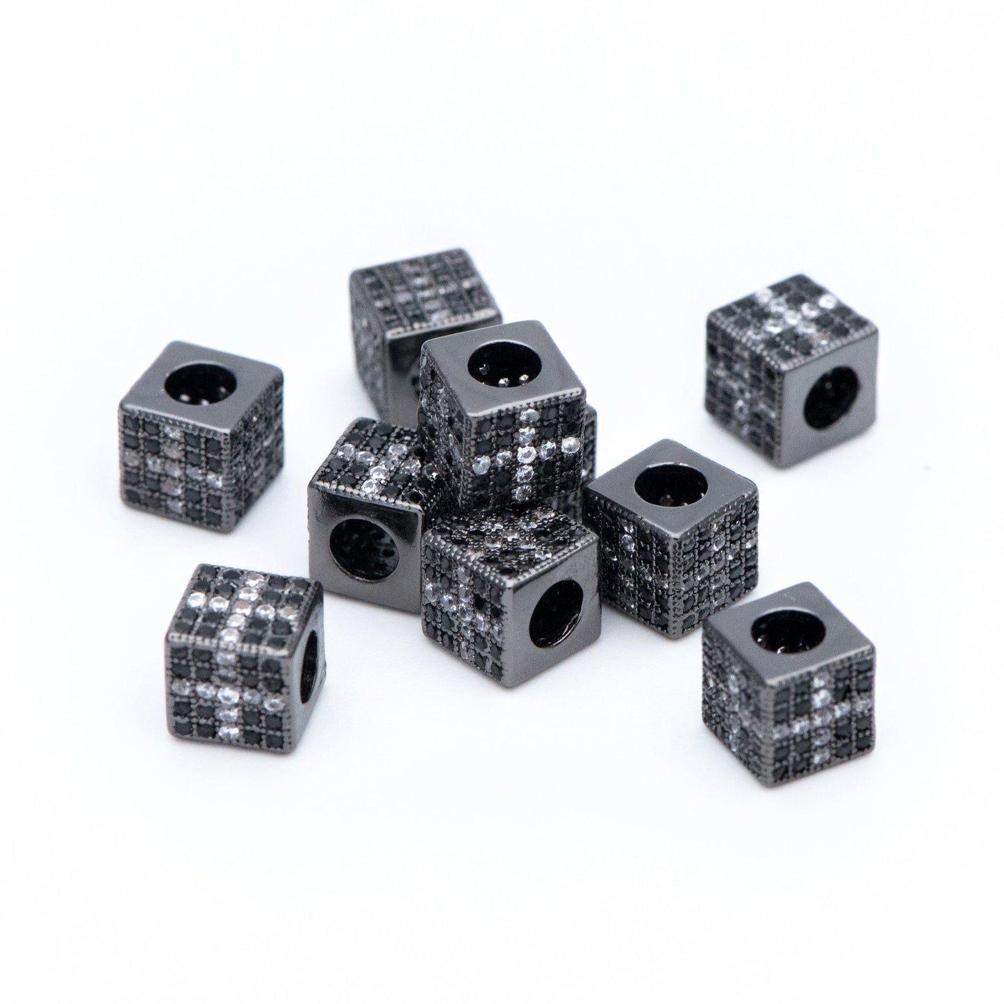 4pcs CZ Pave Black Cube Spacers 7mm, Gun Metal plated Brass, Large Hole Square Beads (GB-797-3)
