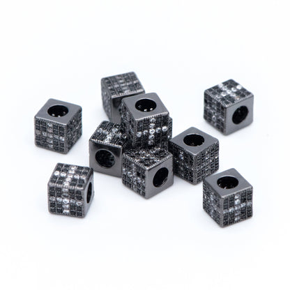 4pcs CZ Pave Black Cube Spacers 7mm, Gun Metal plated Brass, Large Hole Square Beads (GB-797-3)