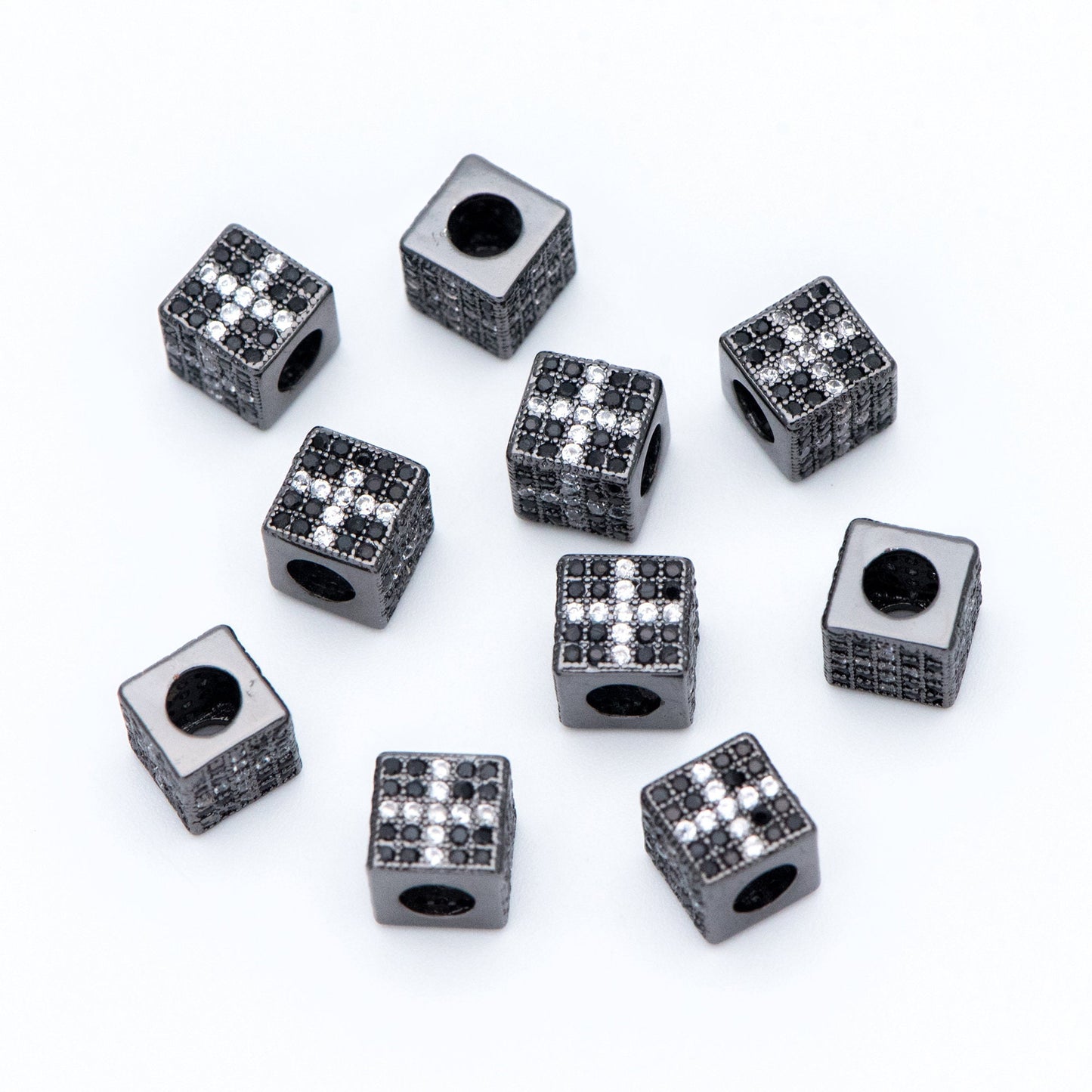 4pcs CZ Pave Black Cube Spacers 7mm, Gun Metal plated Brass, Large Hole Square Beads (GB-797-3)