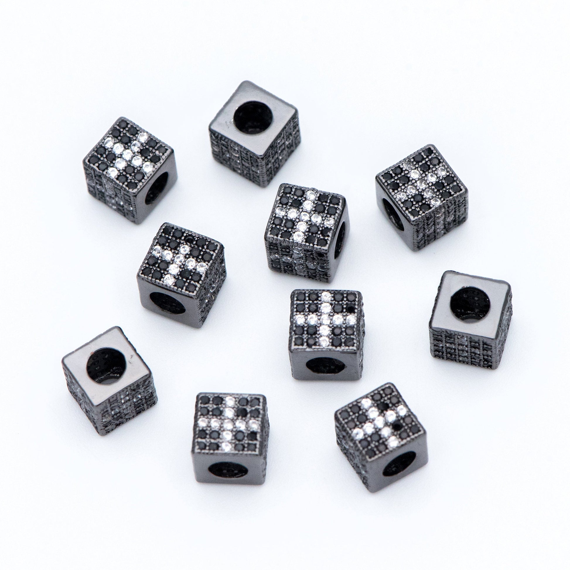 4pcs CZ Pave Black Cube Spacers 7mm, Gun Metal plated Brass, Large Hole Square Beads (GB-797-3)