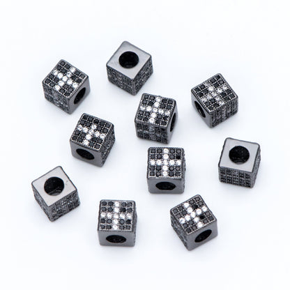 4pcs CZ Pave Black Cube Spacers 7mm, Gun Metal plated Brass, Large Hole Square Beads (GB-797-3)