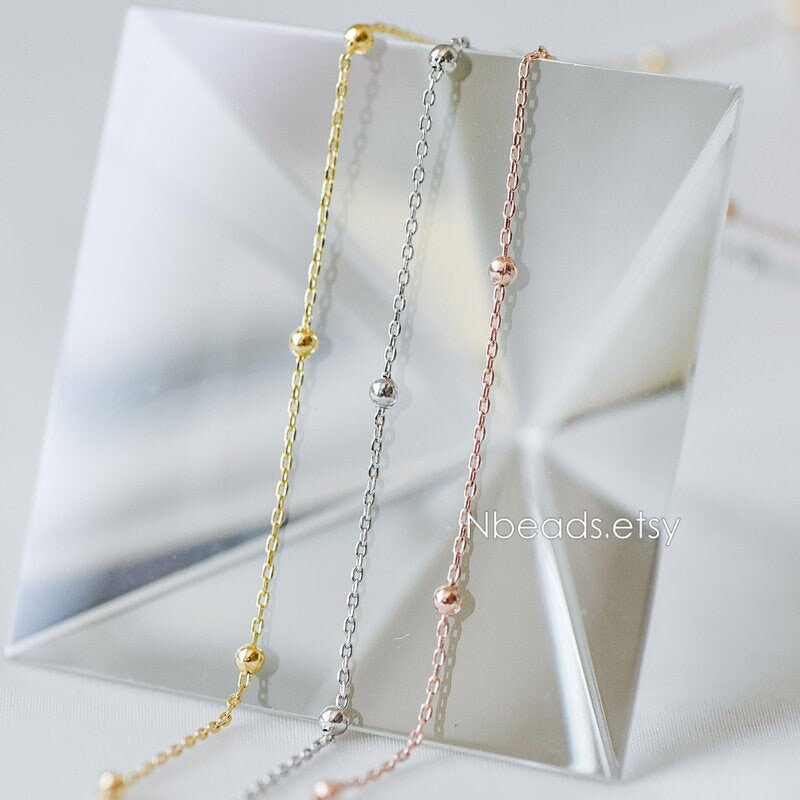 Gold/ Silver/ Rose Gold Satellite Chains, 1.1mm Chain with 2.5mm Round Beads, Color Not Easily Tarnish (#LK-170)/ 1 Meter=3.3 ft