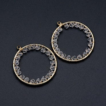10pcs Gold Beaded 31x33mm Round Loop Charms, Wired Crystal Beads Geometric Hoop Pendants, Dangle Earring Components (GB-708)