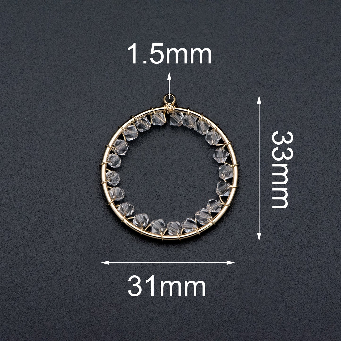 10pcs Gold Beaded 31x33mm Round Loop Charms, Wired Crystal Beads Geometric Hoop Pendants, Dangle Earring Components (GB-552-G)