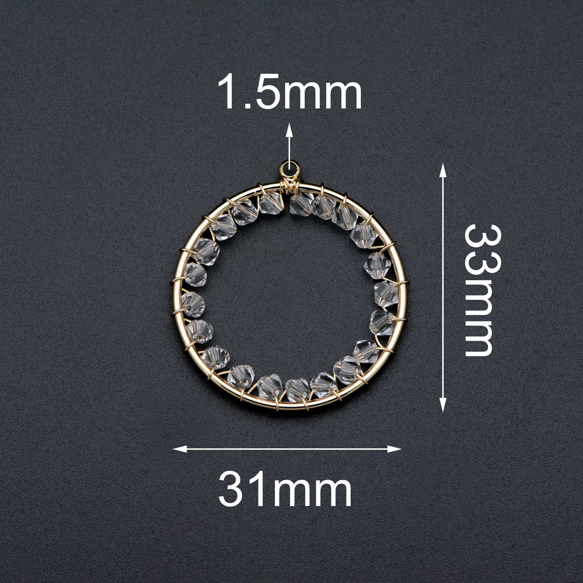 10pcs Gold Beaded 31x33mm Round Loop Charms, Wired Crystal Beads Geometric Hoop Pendants, Dangle Earring Components (GB-552-G)