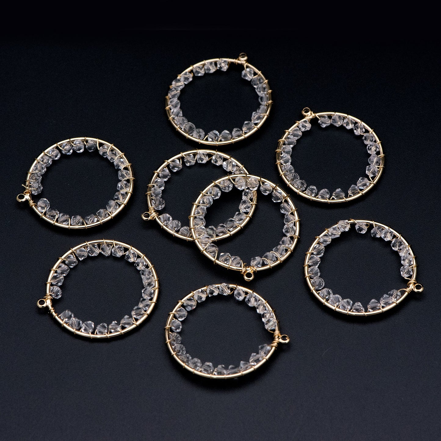 10pcs Gold Beaded 31x33mm Round Loop Charms, Wired Crystal Beads Geometric Hoop Pendants, Dangle Earring Components (GB-552-G)