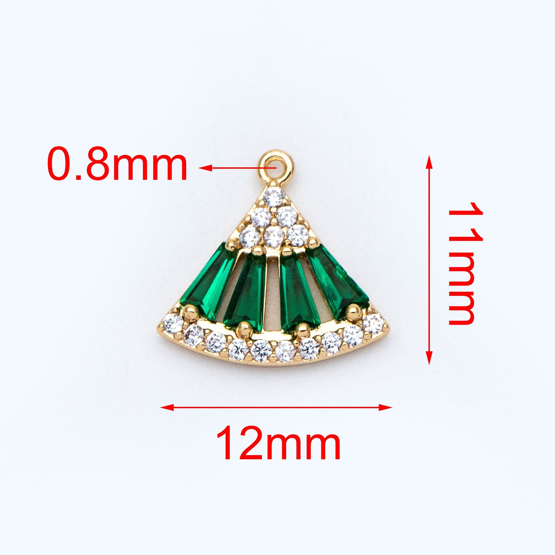4pcs Emerald CZ Pave Gold Fan Shaped Charms 11x12mm, Green Rhinestone Geometric Pendants, Real Gold plated Brass Findings (GB-712)