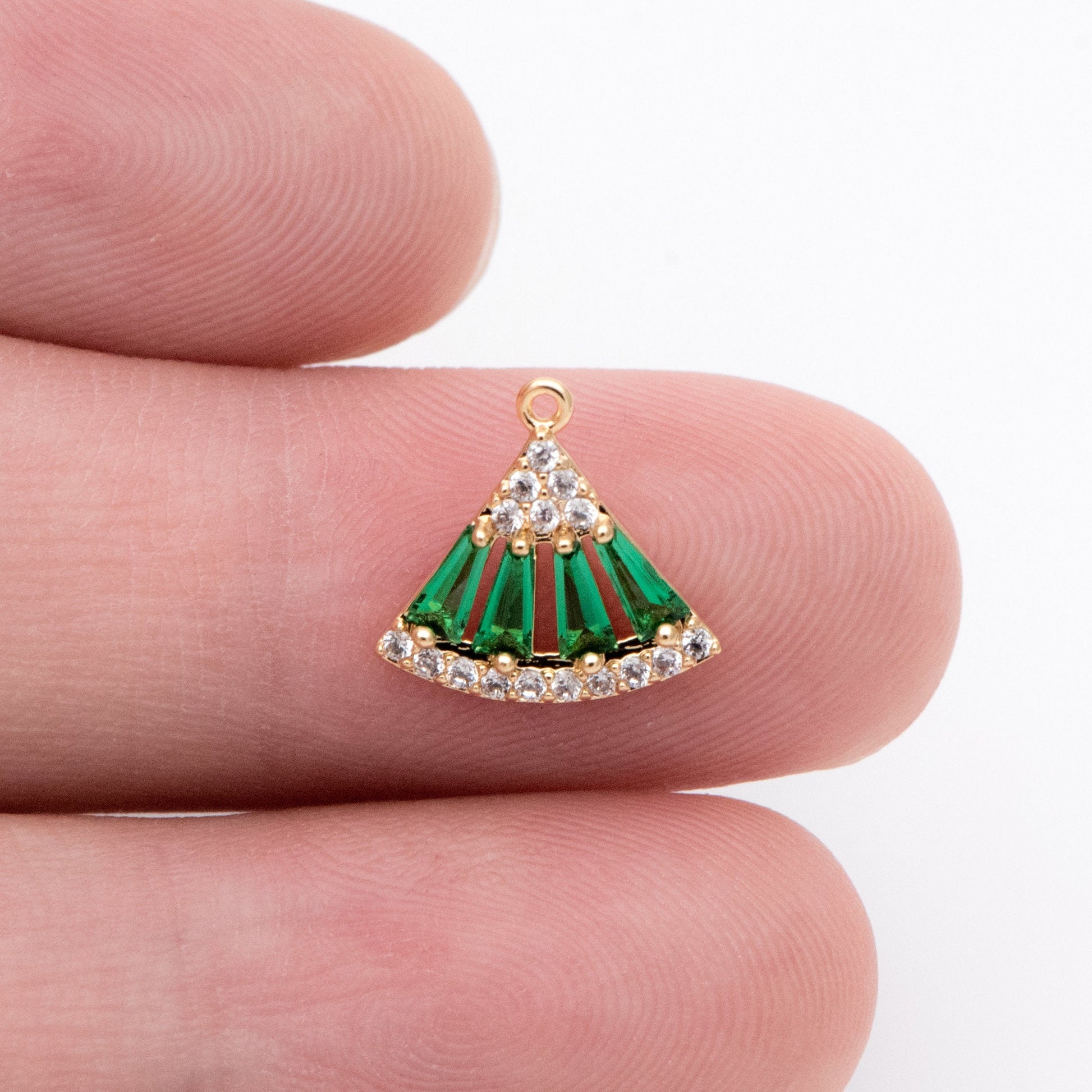 4pcs Emerald CZ Pave Gold Fan Shaped Charms 11x12mm, Green Rhinestone Geometric Pendants, Real Gold plated Brass Findings (GB-853-D)