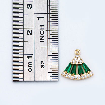 4pcs Emerald CZ Pave Gold Fan Shaped Charms 11x12mm, Green Rhinestone Geometric Pendants, Real Gold plated Brass Findings (GB-712)