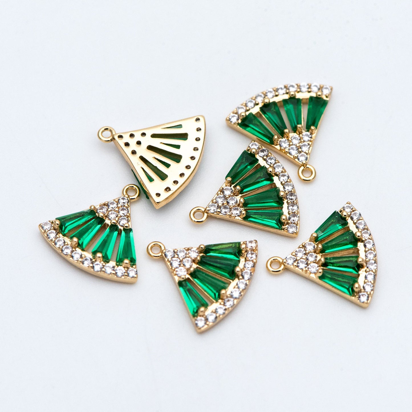 4pcs Emerald CZ Pave Gold Fan Shaped Charms 11x12mm, Green Rhinestone Geometric Pendants, Real Gold plated Brass Findings (GB-712)