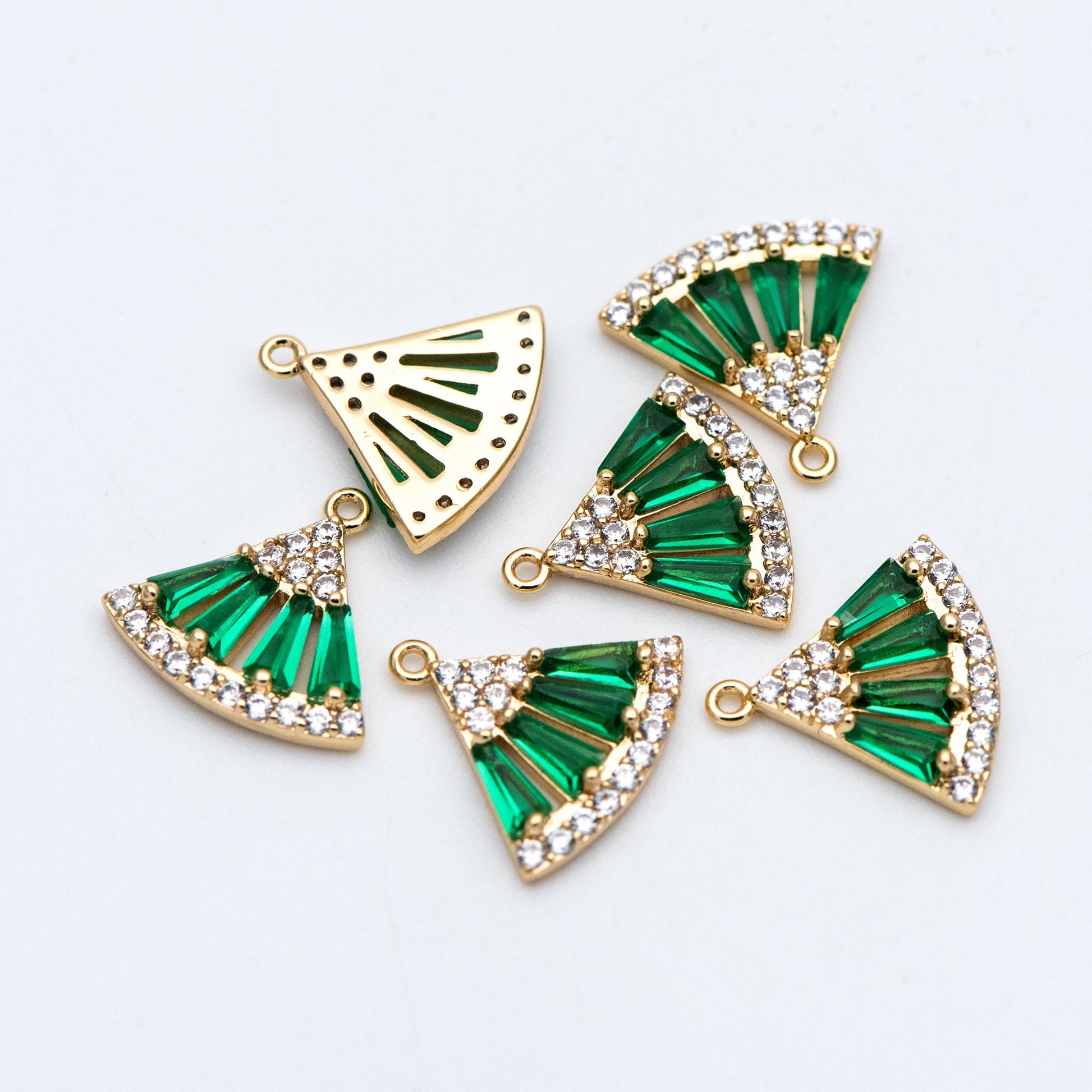 4pcs Emerald CZ Pave Gold Fan Shaped Charms 11x12mm, Green Rhinestone Geometric Pendants, Real Gold plated Brass Findings (GB-712)