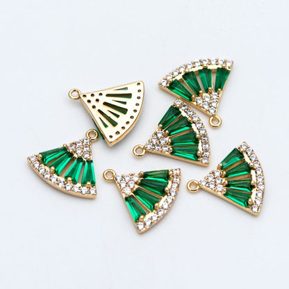 4pcs Emerald CZ Pave Gold Fan Shaped Charms 11x12mm, Green Rhinestone Geometric Pendants, Real Gold plated Brass Findings (GB-712)