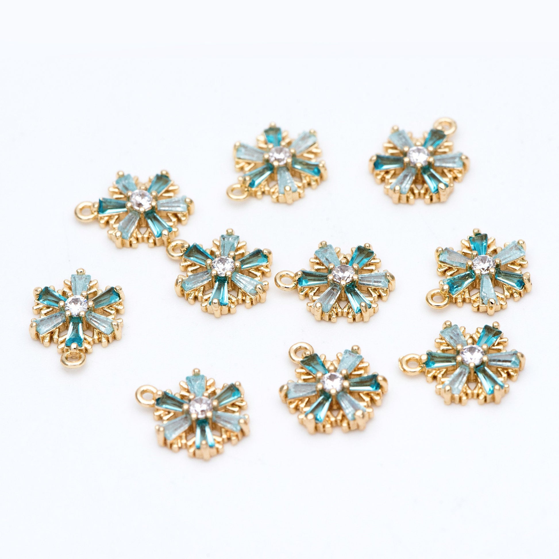 4pcs Gold Snowflake Charms: CZ Pave Aqua Rhinestone Pendants, 11x13mm (GB-713-G)