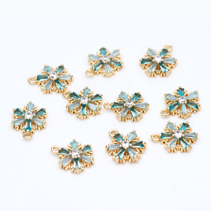 4pcs Gold Snowflake Charms: CZ Pave Aqua Rhinestone Pendants, 11x13mm (GB-713-G)