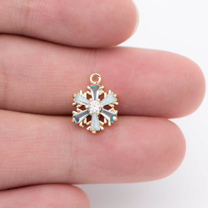 4pcs Gold Snowflake Charms: CZ Pave Aqua Rhinestone Pendants, 11x13mm (GB-713-G)
