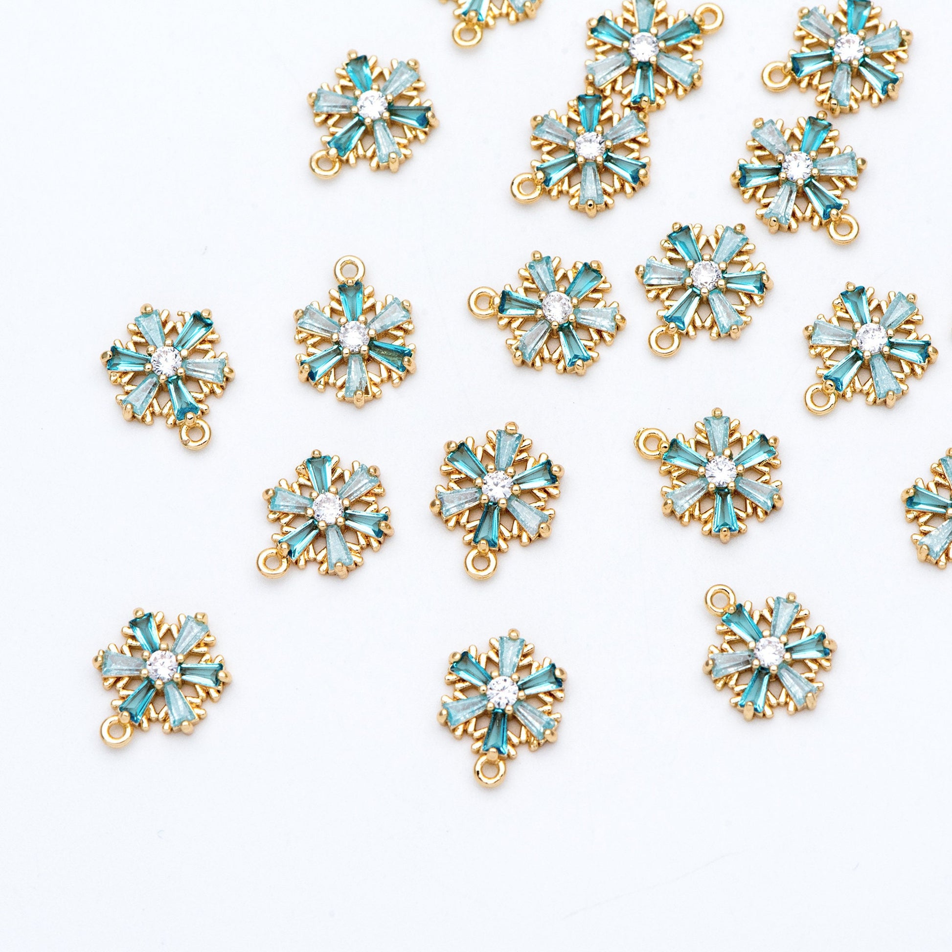 4pcs Gold Snowflake Charms: CZ Pave Aqua Rhinestone Pendants, 11x13mm (GB-713-G)