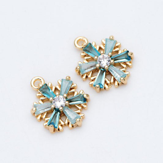 4pcs Gold Snowflake Charms: CZ Pave Aqua Rhinestone Pendants, 11x13mm (GB-713-G)