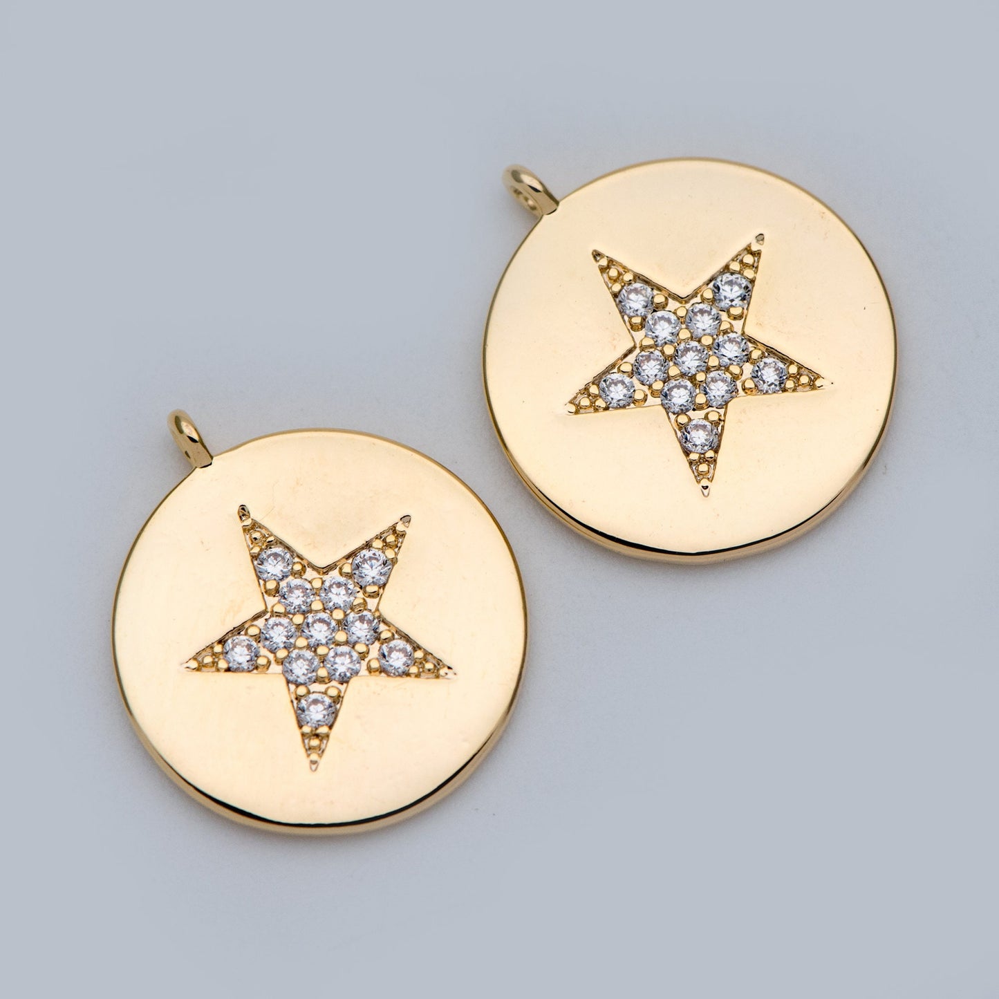 4pcs CZ Pave Gold Star Charms 15mm, Real Gold plated Brass, Round Coin Disk Pendants (GB-2900-A)