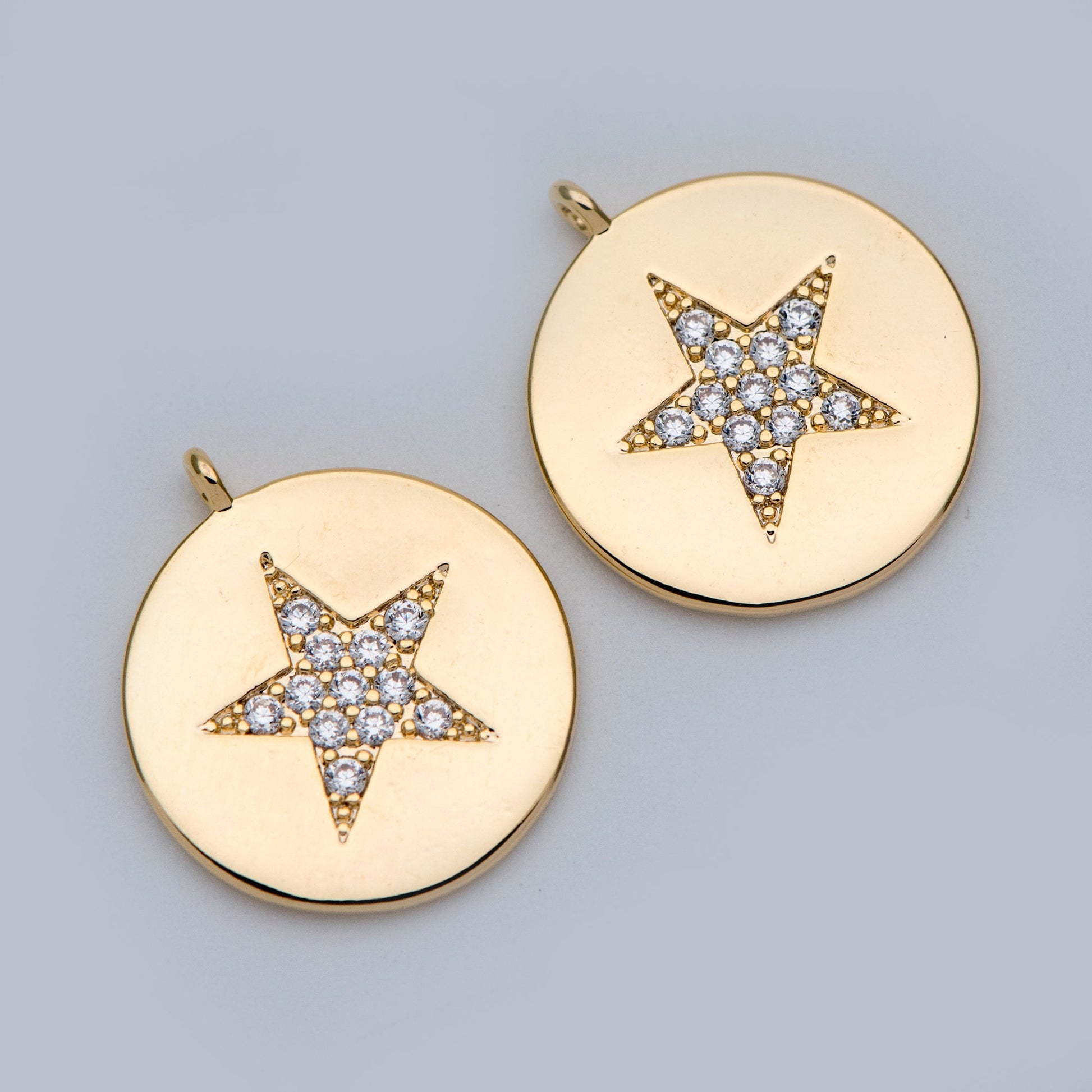 4pcs CZ Pave Gold Star Charms 15mm, Real Gold plated Brass, Round Coin Disk Pendants (GB-2900-A)