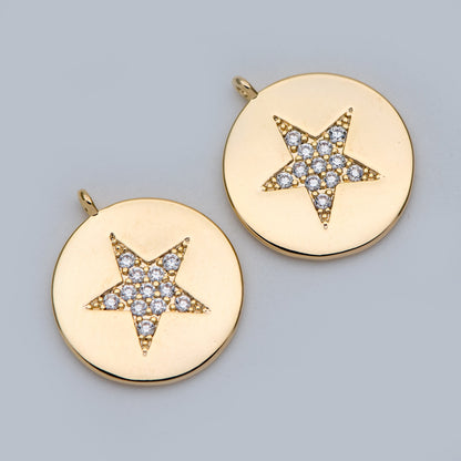 4pcs CZ Pave Gold Star Charms 15mm, Real Gold plated Brass, Round Coin Disk Pendants (GB-2900-A)