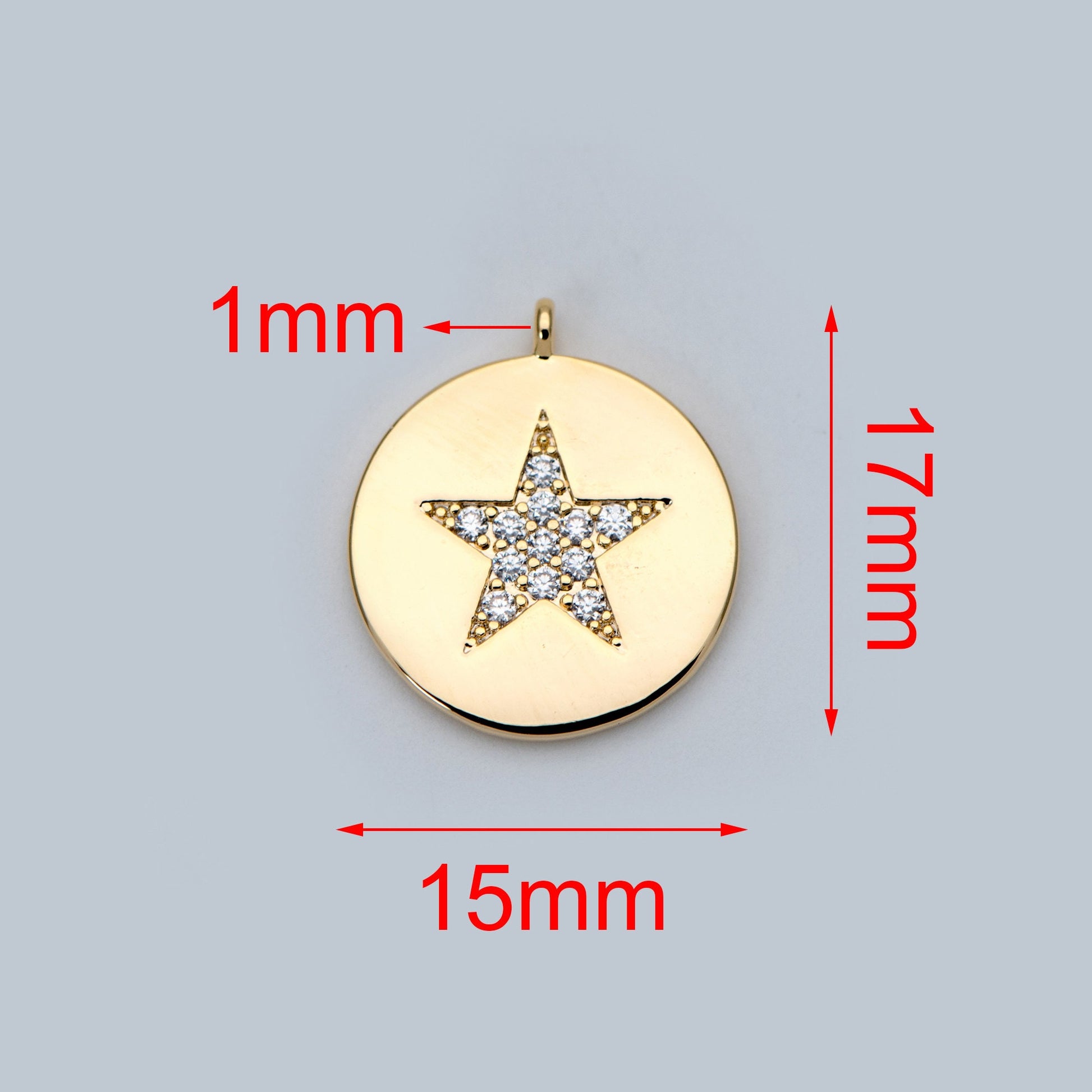 4pcs CZ Pave Gold Star Charms 15mm, Real Gold plated Brass, Round Coin Disk Pendants (GB-2900-A)