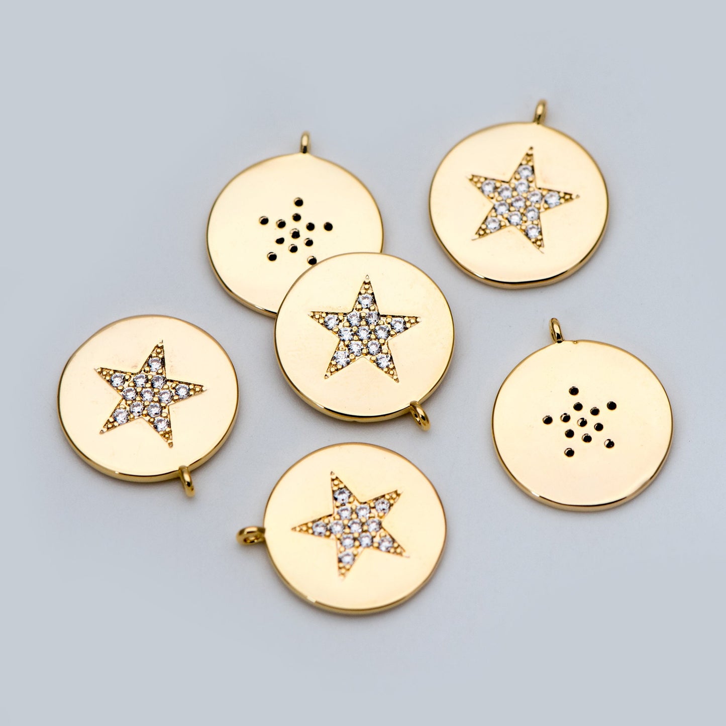 4pcs CZ Pave Gold Star Charms 15mm, Real Gold plated Brass, Round Coin Disk Pendants (GB-2900-A)