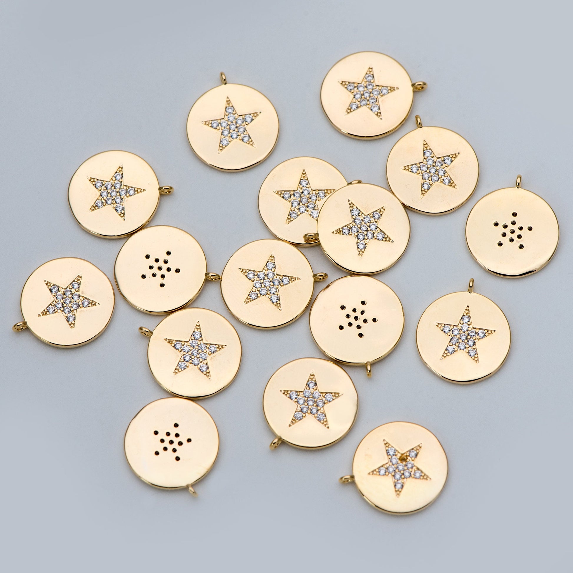 4pcs CZ Pave Gold Star Charms 15mm, Real Gold plated Brass, Round Coin Disk Pendants (GB-2900-A)