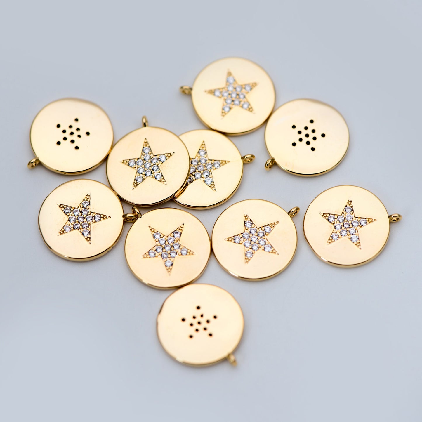 4pcs CZ Pave Gold Star Charms 15mm, Real Gold plated Brass, Round Coin Disk Pendants (GB-2900-A)