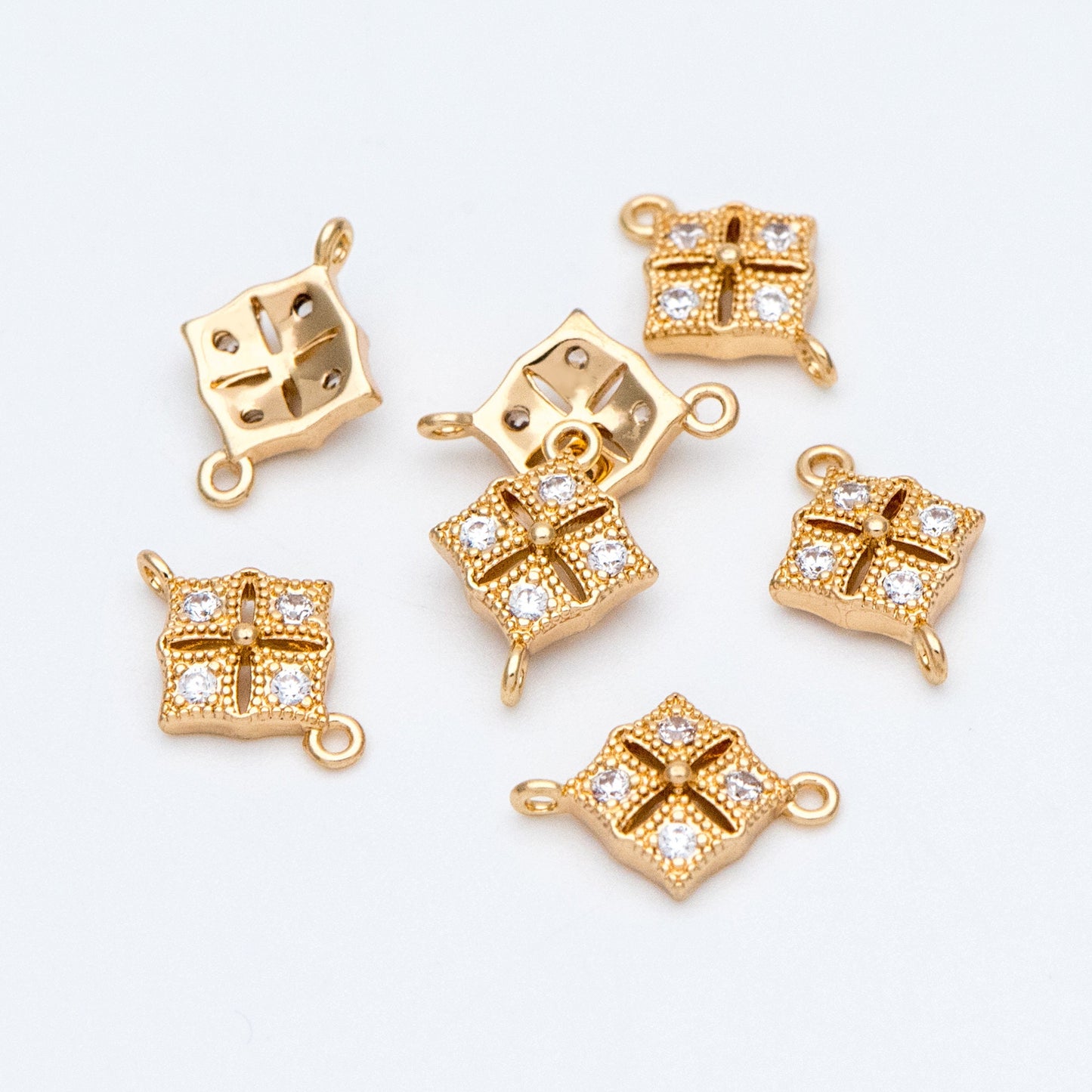 10pcs CZ Pave Gold Rhombus Connector 11mm, Cubic Zirconia Paved Geometric Pendants, Real Gold plated Brass Square Charms (GB-3780-D)