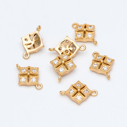10pcs CZ Pave Gold Rhombus Connector 11mm, Cubic Zirconia Paved Geometric Pendants, Real Gold plated Brass Square Charms (GB-3780-D)