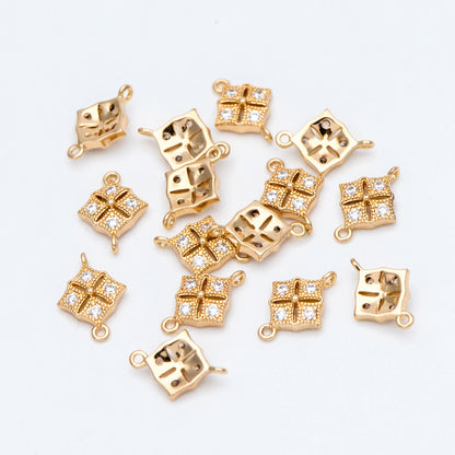 10pcs CZ Pave Gold Rhombus Connector 11mm, Cubic Zirconia Paved Geometric Pendants, Real Gold plated Brass Square Charms (GB-3780-D)