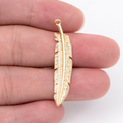 4pcs Gold/ Silver Tone Feather Pendants 37x8mm, 18K gold/ rhodium plated Brass Feather Charms, Lead Nickel Free (GB-383-C)