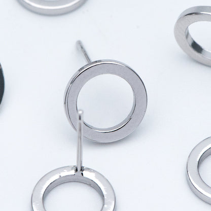 10pcs Silver tone Round Circle Ear Posts 10mm, Rhodium plated Brass, Geometric Loop Stud Earrings (GB-756)