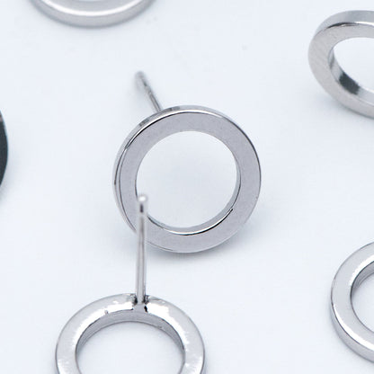 10pcs Silver tone Round Circle Ear Posts 10mm, Rhodium plated Brass, Geometric Loop Stud Earrings (GB-756)