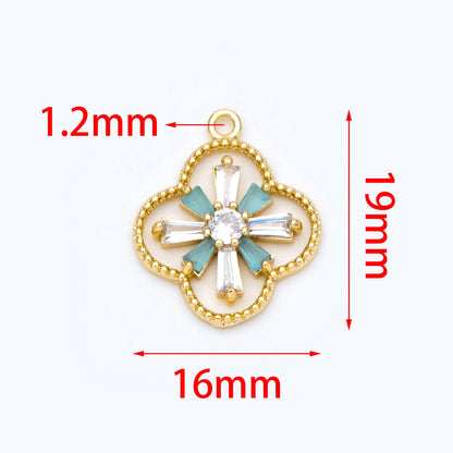 4pcs CZ Pave Gold Charms 19x16mm, Rhinestone Clover Pendants, Real Gold plated Brass Findings (GB-3486-G)