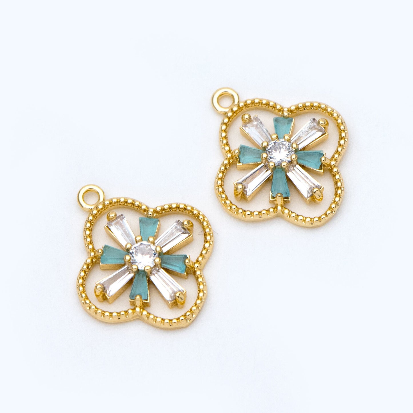 4pcs CZ Pave Gold Charms 19x16mm, Rhinestone Clover Pendants, Real Gold plated Brass Findings (GB-3486-G)