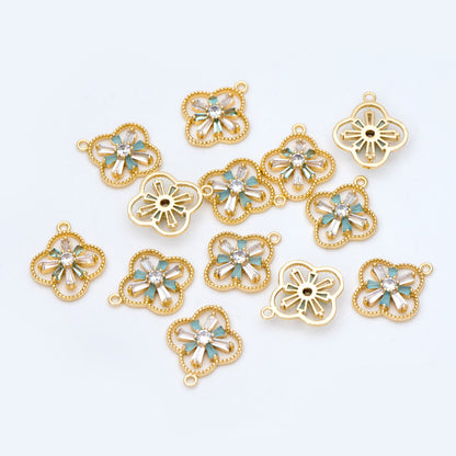 4pcs CZ Pave Gold Charms 19x16mm, Rhinestone Clover Pendants, Real Gold plated Brass Findings (GB-3486-G)
