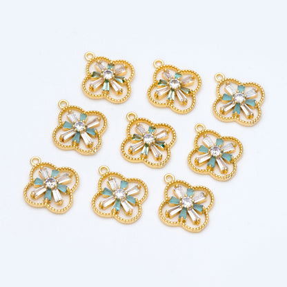 4pcs CZ Pave Gold Charms 19x16mm, Rhinestone Clover Pendants, Real Gold plated Brass Findings (GB-3486-G)