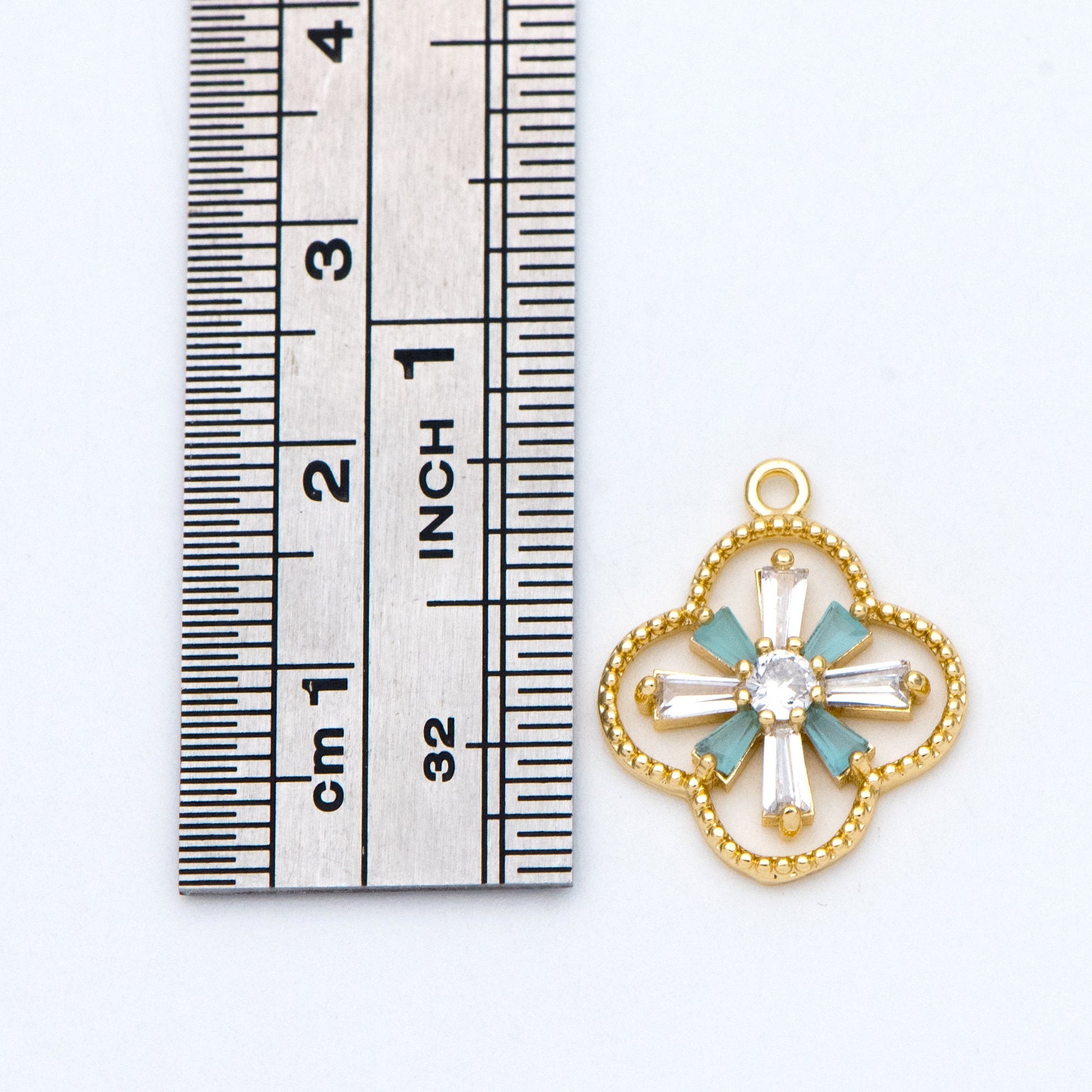 4pcs CZ Pave Gold Charms 19x16mm, Rhinestone Clover Pendants, Real Gold plated Brass Findings (GB-3486-G)