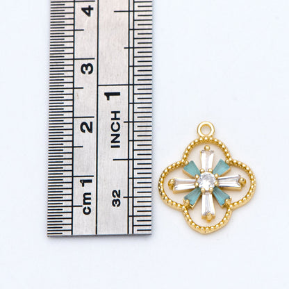 4pcs CZ Pave Gold Charms 19x16mm, Rhinestone Clover Pendants, Real Gold plated Brass Findings (GB-3486-G)