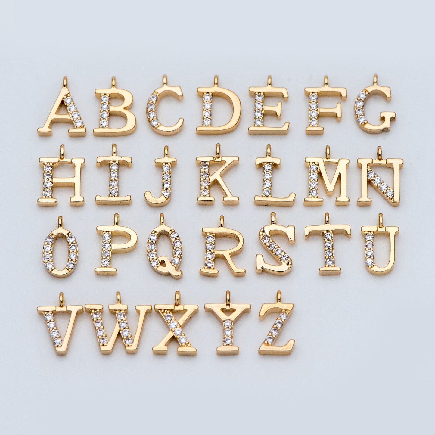 CZ Pave Gold Alphabet Beads, 18K Gold plated Brass, English Letter Charm Pendants 10mm, You Choose Letter (GB-723)