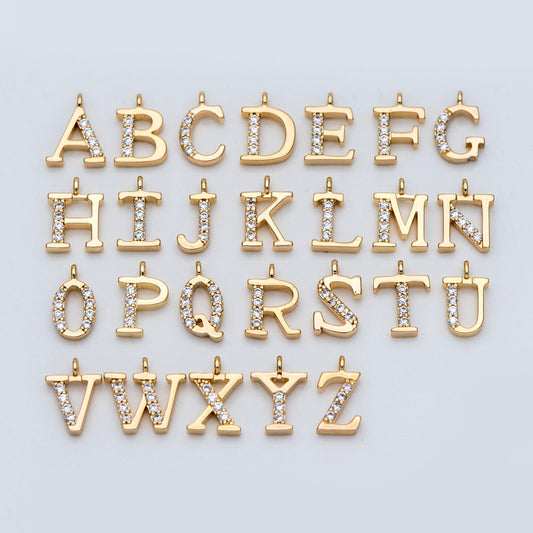 CZ Pave Gold Alphabet Beads, 18K Gold plated Brass, English Letter Charm Pendants 10mm, You Choose Letter (GB-723)