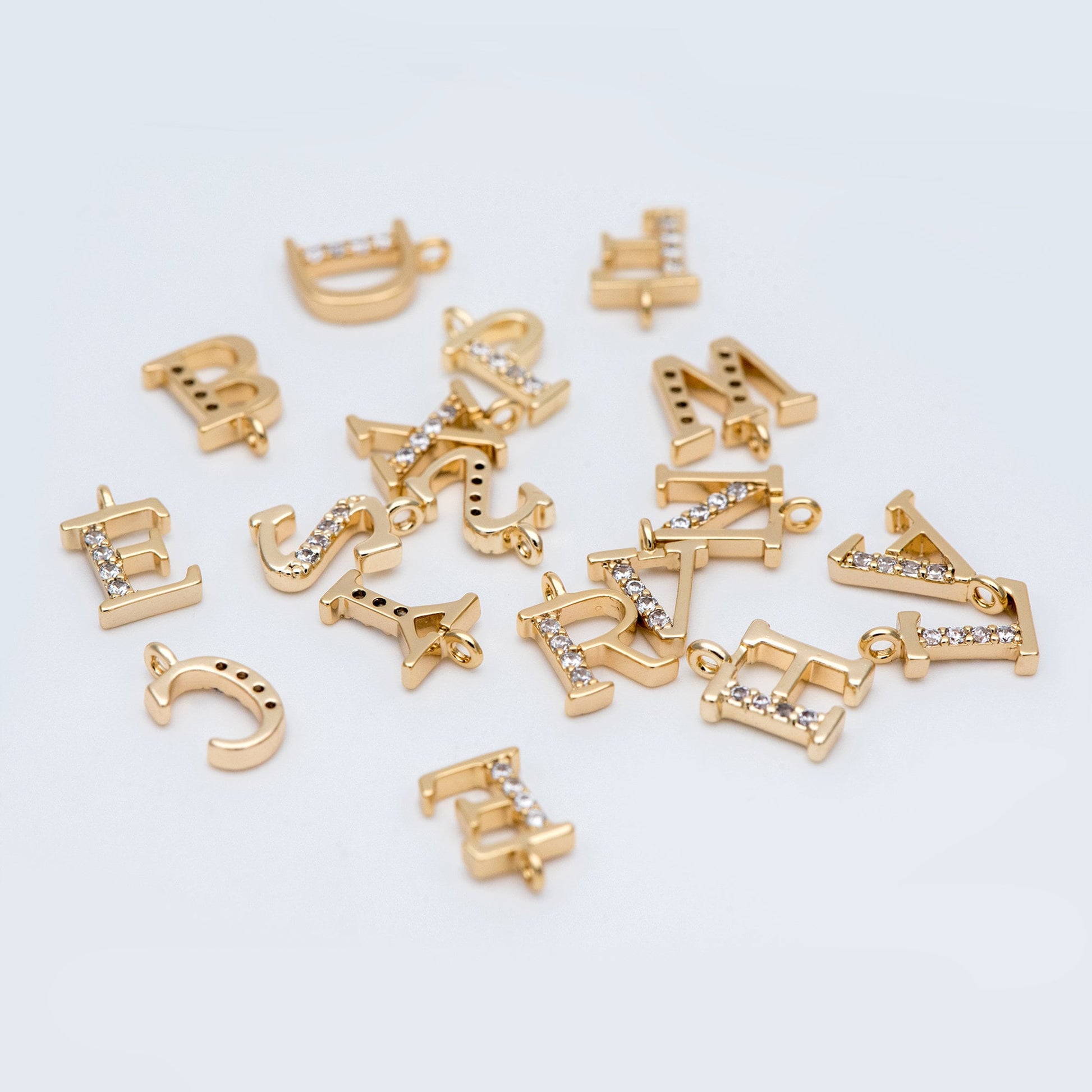 CZ Pave Gold Alphabet Beads, 18K Gold plated Brass, English Letter Charm Pendants 10mm, You Choose Letter (GB-723)