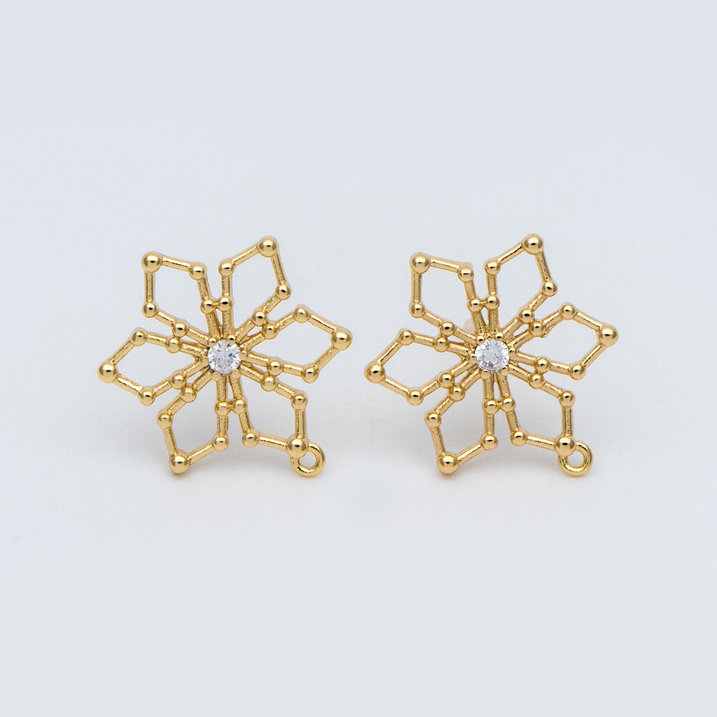 10pcs CZ Pave Snowflake Ear Posts 15mm, Real Gold Plated Brass Earrings, Sterling Silver Stud (GB-740)