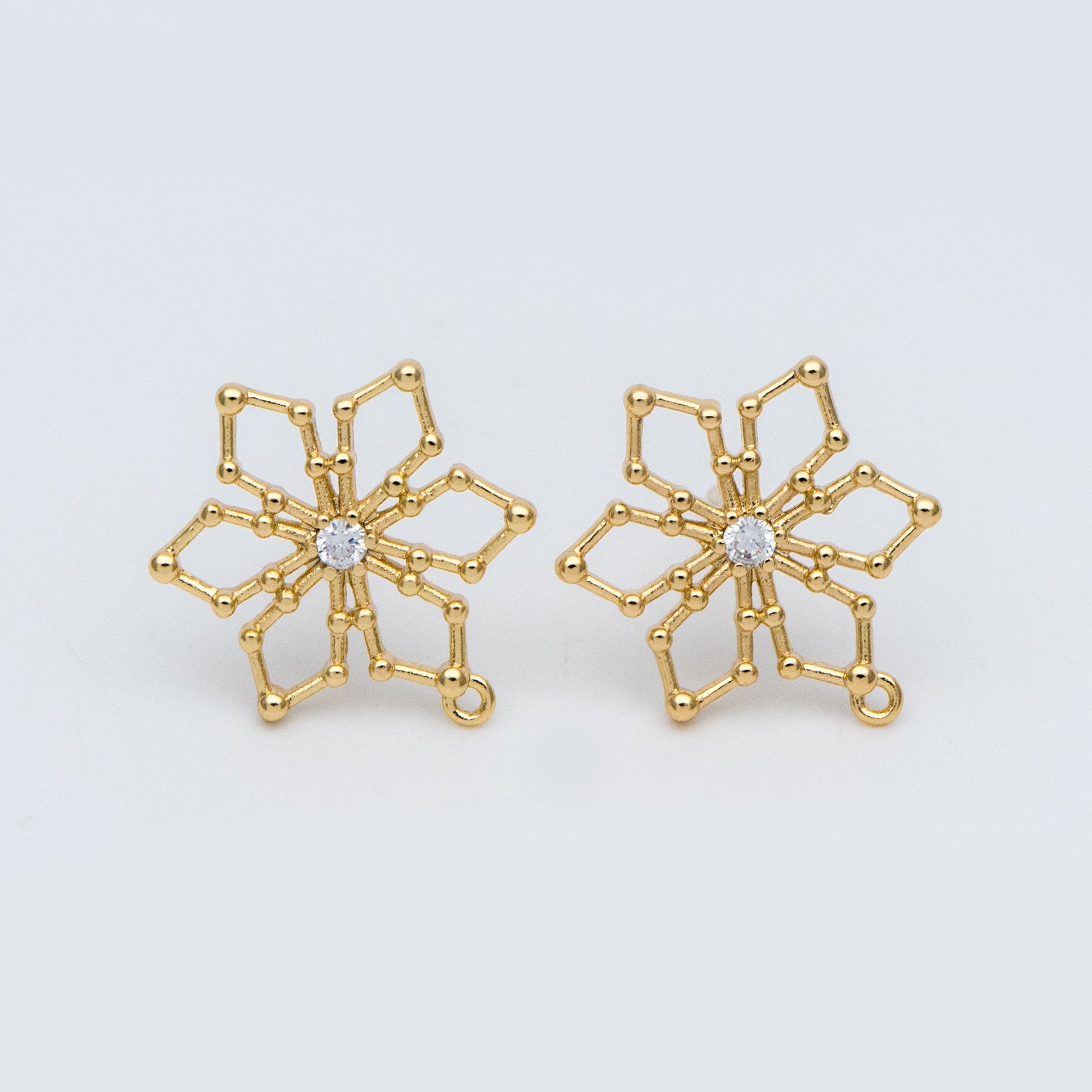 10pcs CZ Pave Snowflake Ear Posts 15mm, Real Gold Plated Brass Earrings, Sterling Silver Stud (GB-740)