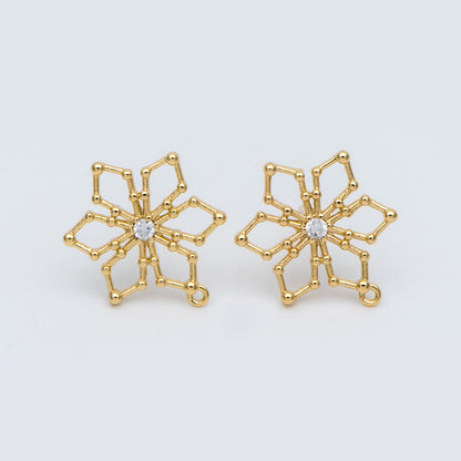 10pcs CZ Pave Snowflake Ear Posts 15mm, Real Gold Plated Brass Earrings, Sterling Silver Stud (GB-740)