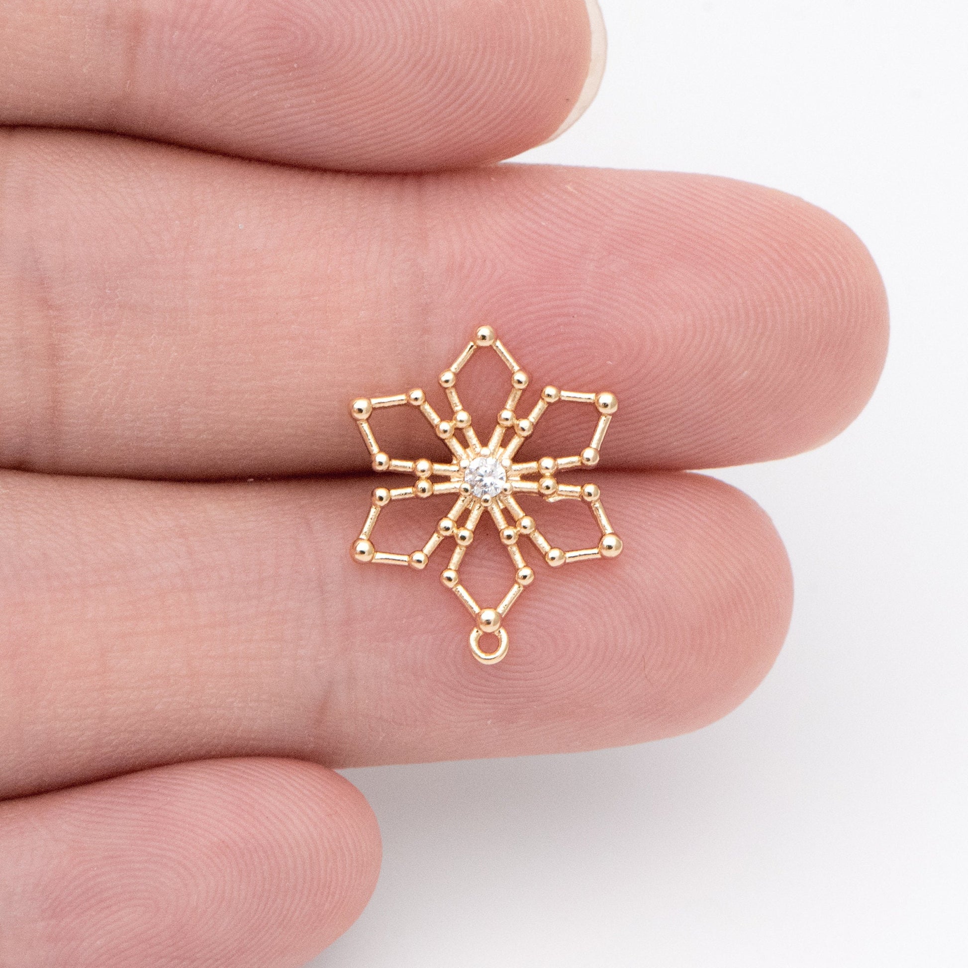 10pcs CZ Pave Snowflake Ear Posts 15mm, Real Gold Plated Brass Earrings, Sterling Silver Stud (GB-740)