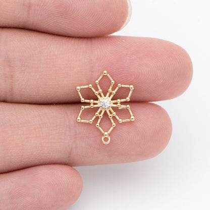 10pcs CZ Pave Snowflake Ear Posts 15mm, Real Gold Plated Brass Earrings, Sterling Silver Stud (GB-740)
