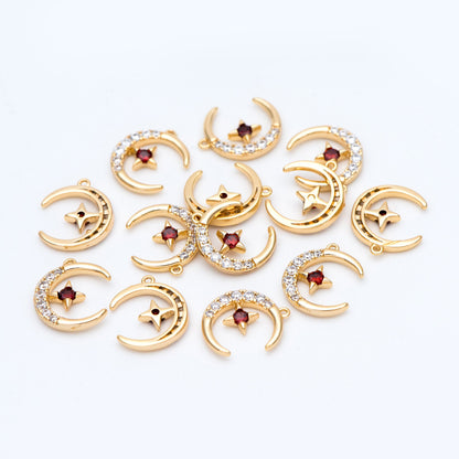 10pcs CZ Pave Moon Star Charms 14x11mm, 18K Gold plated Brass, Clear and Red (GB-832-1)