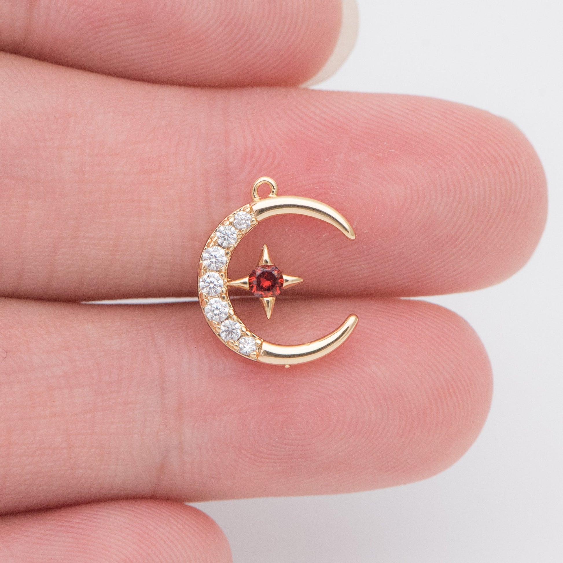10pcs CZ Pave Moon Star Charms 14x11mm, 18K Gold plated Brass, Clear and Red (GB-832-1)